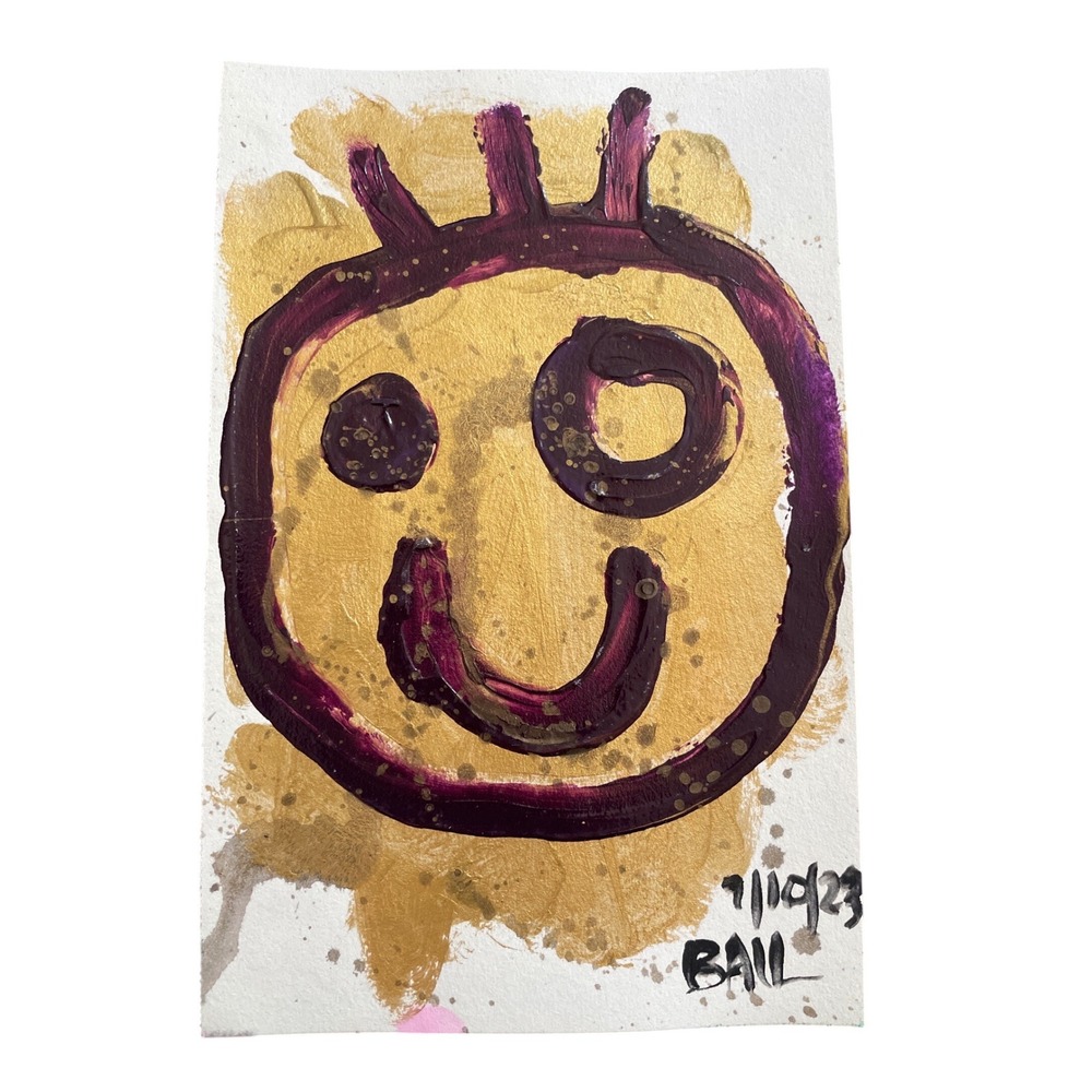 Original Abstract Face Painting Signed Bail Gold Purple Mixed Media 5.5x8.5